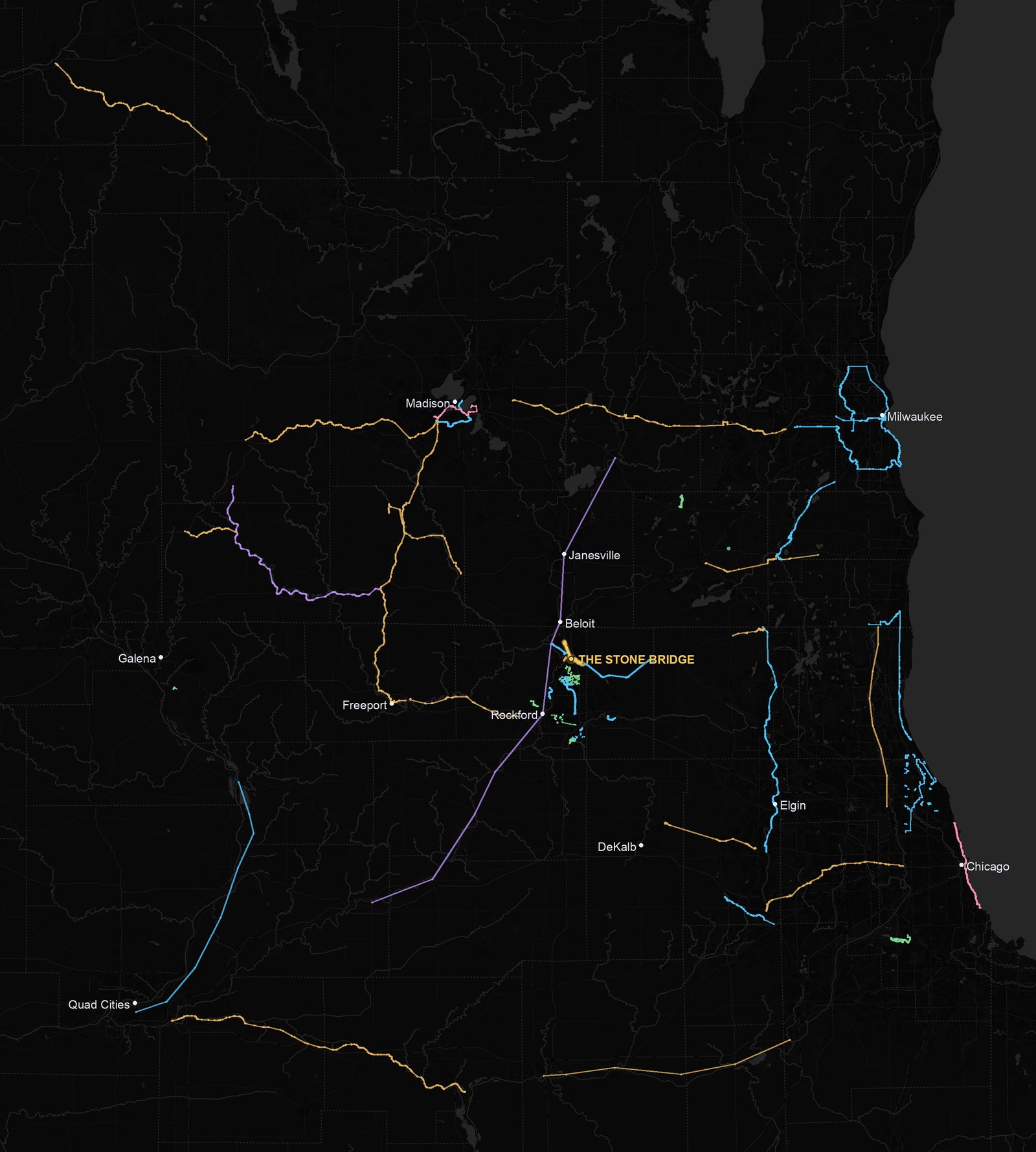 Every trail reachable from the Stone Bridge Trail, mapped across the greater Rockford region from the Mississippi River to Lake Michigan, Madison down to Chicago